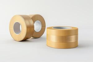 Two rolls of brown packaging tape placed against a neutral backdrop photo