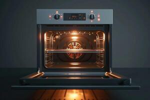 Modern oven with interior light and digital display in a dark kitchen setting photo