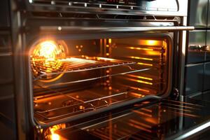 An interior view of a modern oven with warm light illuminating the racks, showcasing a cooking space in a contemporary kitchen photo
