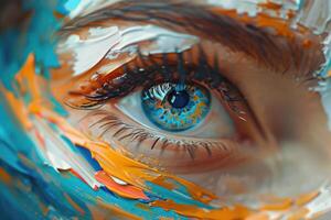 Close-up of a painted eye with vibrant colors, showcasing an artistic expression on a human face photo
