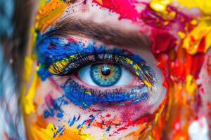 A close-up of a blue-eyed individual with vibrant face painting featuring bold colors in an artistic expression photo