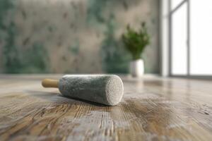 Paint roller resting on a wooden floor in a recently painted room with green accents and a plant in the background photo