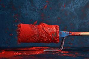 Paint roller covered in vibrant red paint resting on a dark surface with splatters in the background photo