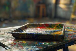 A colorful paint tray on a messy art studio table during daylight hours photo