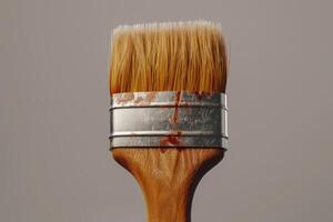 A close-up of a paintbrush with dried red paint, showcasing a wooden handle and metal ferrule, set against a neutral background photo