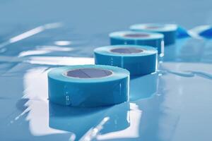 Blue masking tape rolls arranged on a glossy blue surface in a creative workspace photo