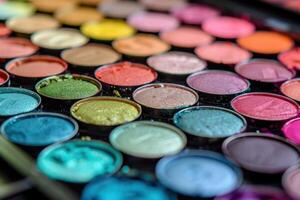 Colorful eyeshadow palette displayed at a makeup station during a beauty event photo