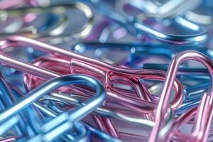 A colorful assortment of paper clips scattered on a surface photo