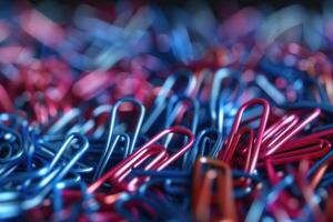 Colorful paperclips scattered on a desk in various shades of blue and red photo