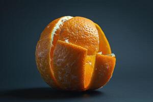Freshly peeled orange on a dark background showcasing vibrant texture and color photo