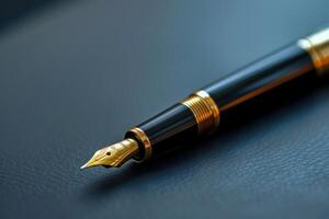Elegant fountain pen resting on a dark leather surface, highlighting its intricate nib design and premium quality photo