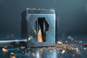 A pencil sharpener with wood shavings scattered around on a smooth surface in bright lighting photo