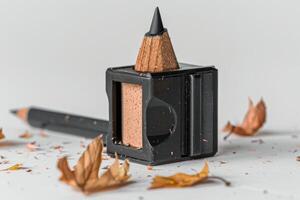 A close-up of a pencil and sharpener surrounded by shavings and dried leaves on a light surface photo