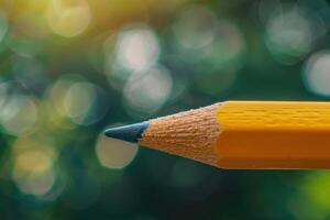 Close-up of a sharpened yellow pencil against a blurred green background during the day photo