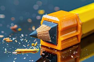 Close-up of a sharpened yellow pencil with shavings on a reflective surface photo