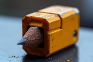 Close-up of a worn yellow pencil sharpener with a sharpened pencil inside resting on a dark surface photo