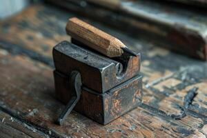 Vintage pencil sharpener on a weathered wooden surface in a workshop photo