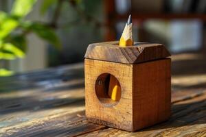 A wooden pencil holder with a sharpened pencil sitting on a rustic table in soft natural light photo