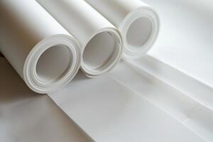 Rolls of white paper neatly arranged on a smooth surface, ready for crafting or printing tasks in a well-lit workspace photo