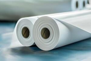 Rolls of smooth white paper stacked on a blue surface in a well-lit workspace photo