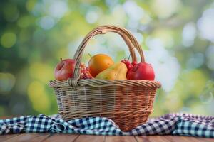 Basket filled with fresh fruits on a checkered cloth in a sunlit outdoor setting photo