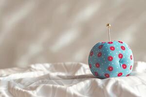 A blue patterned pincushion shaped like an apple rests on a soft white fabric background in warm, natural lighting photo