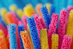 Colorful pipe cleaners arranged in a vibrant display against a blue background photo