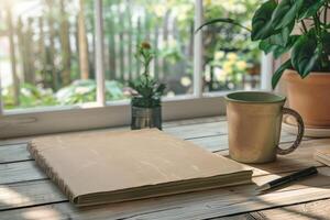 A cozy workspace with a blank notebook, a steaming cup of tea, and a vibrant green plant near a sunlit window in a tranquil setting photo