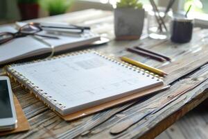 A cozy workspace with a planner, pens, and a smartphone on a wooden table near a window in the afternoon photo