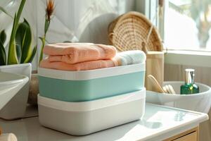 Stacked soft towels in a bright bathroom with natural light photo