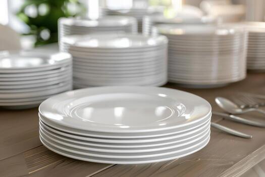 Stacks of white dinner plates arranged neatly on a wooden table in a bright dining area photo