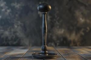 A vintage black wax seal stamp stands upright on a wooden table against a dark, textured background photo