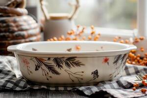 Elegant ceramic dish with floral and botanical designs placed on a checkered cloth near a window with decorative elements in soft lighting photo