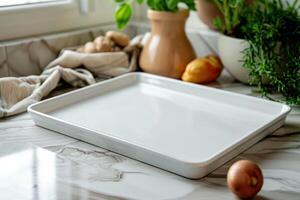A clean white baking tray on a marbled kitchen counter surrounded by fresh herbs and vegetables in a sunlit kitchen photo