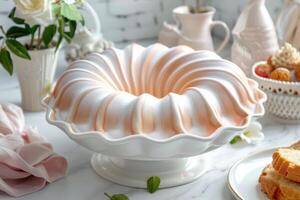 Elegant white bundt cake stand with peach-colored swirls in a charming kitchen setting photo