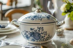 Elegant ceramic serving dish with floral pattern on dining table decorated for a meal photo
