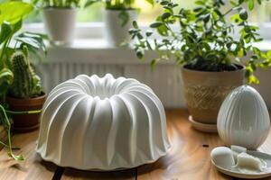 Elegant white bundt cake on a wooden table surrounded by green plants in a bright kitchen space photo