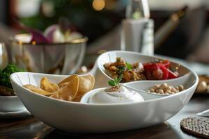 Culinary platter featuring assorted appetizers and dips at a stylish restaurant photo