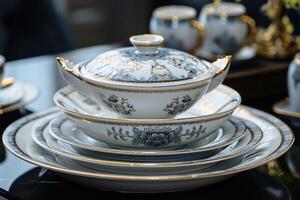 Elegant porcelain dinnerware set displayed on a dining table, showcasing intricate floral patterns and gold accents during a serene afternoon photo