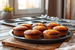 Freshly baked muffins cooling on a wooden board in a sunlit kitchen photo
