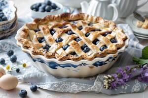 Freshly baked blueberry pie with a golden crust on a rustic table setting, complemented by fresh blueberries and decorative flowers photo