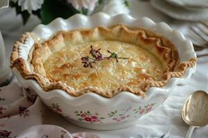 Homemade chicken pot pie in a floral dish on a dining table with white flowers photo