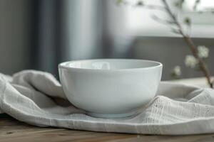 Simple white bowl placed on a folded linen cloth with soft natural light in a cozy indoor setting photo