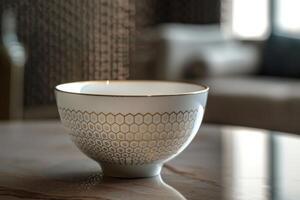 Elegant ceramic bowl with hexagonal pattern on a marble table in a stylish modern interior photo