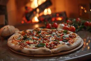A freshly baked pizza with tomatoes and basil beside a glowing fireplace in a cozy setting photo