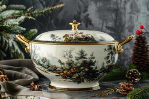 Elegant porcelain tureen with intricate floral design surrounded by pine branches and cones during winter photo