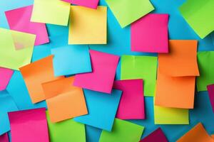 Colorful assortment of sticky notes on a blue surface in a creative workspace photo