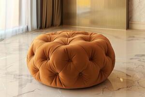 Elegant tufted ottoman in a modern living room with marble floors and natural light photo