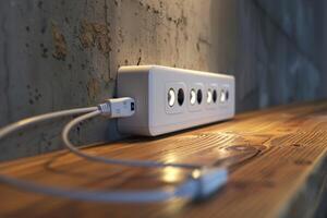 Electrical power strip with multiple outlets connected to a USB cable on a wooden surface near a textured wall photo