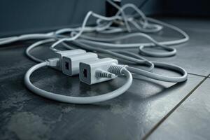 A tangle of white electrical cables on a dark tiled floor photo